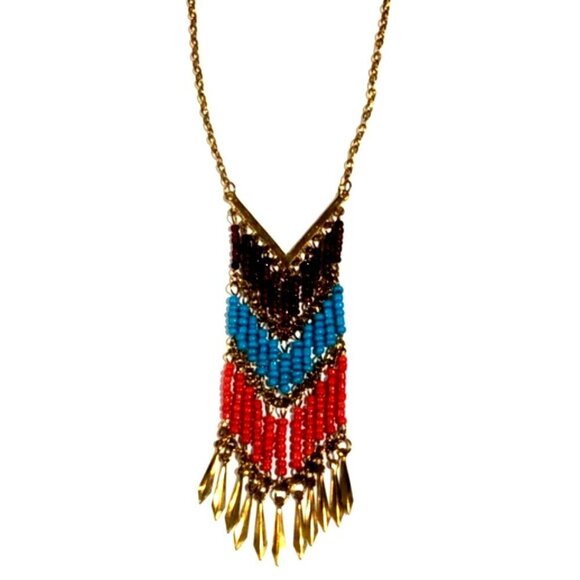 Bohemian Chevron Colorful Beaded Fringe Necklace - Women's Statement Jewelry - Picture 3 of 8